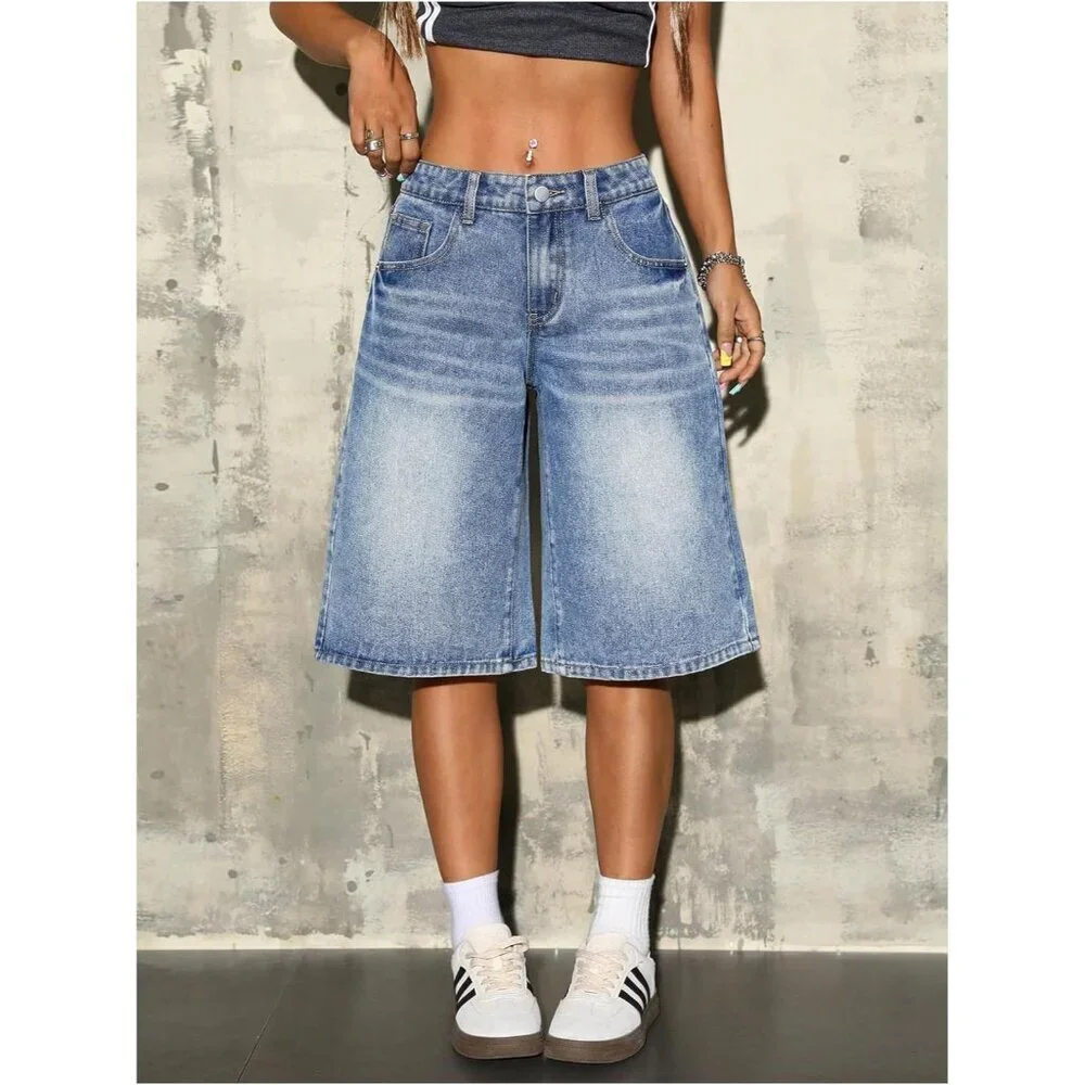 Women's Baggy Denim Shorts Casual Wide Leg Bermuda Jean 32